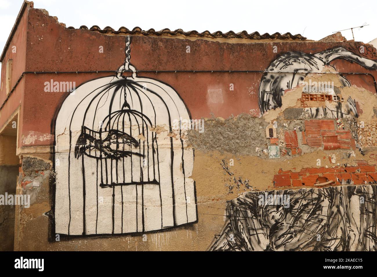 Graffiti on a wall of a bird in a cage, Lagos, Algarve, Portugal Stock Photo