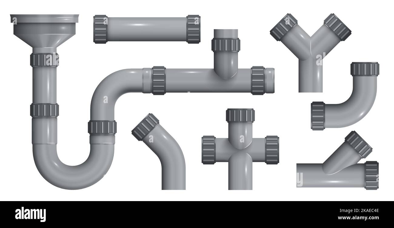 Sewerage plastic pipes with plumbing connections elements realistic set