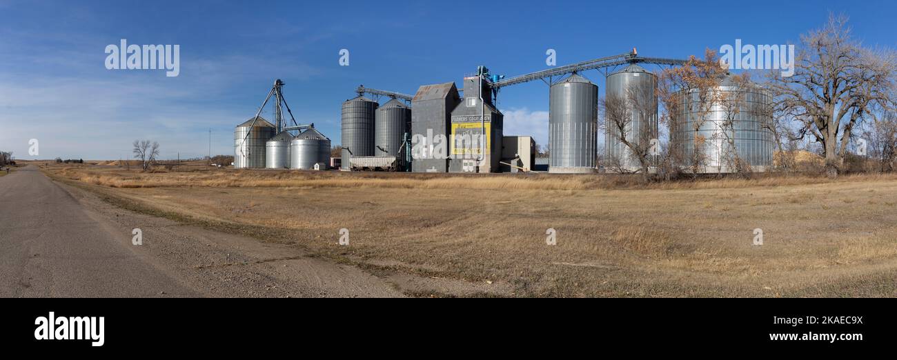 Metal grain bins and an old grain elevator with a faded Buy Dakota Maid Flour advertisement in Cleveland, North Dakota Stock Photo