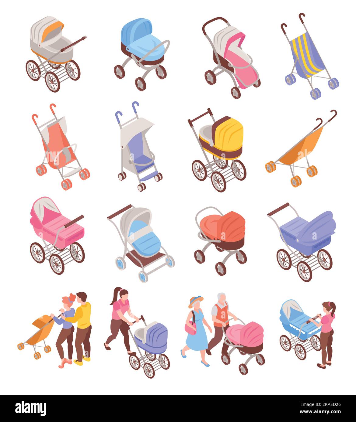 Isometric baby carriage icons set with parents pushing strollers ...