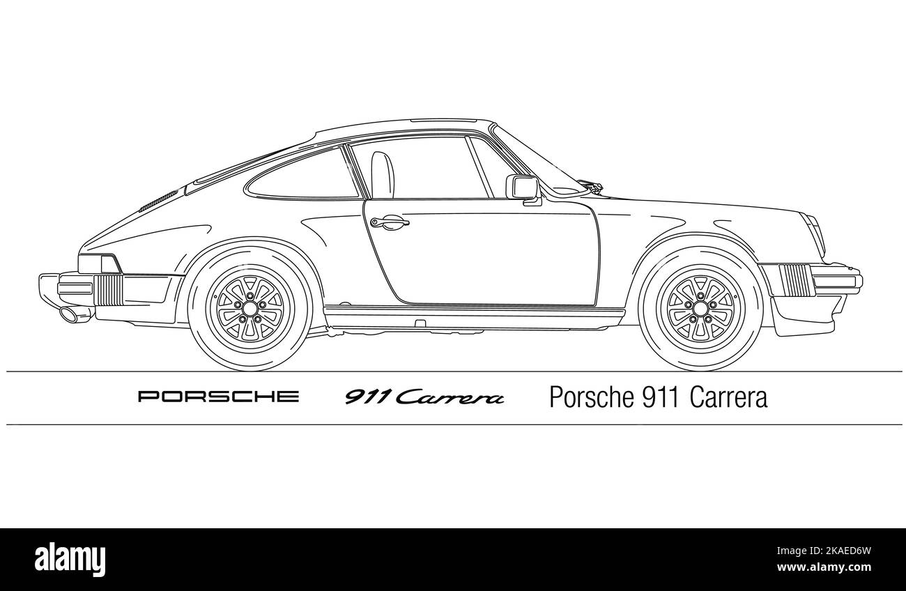 Germany, year 1974, Porsche 911 Carrera, vintage car, illustration outlined Stock Photo