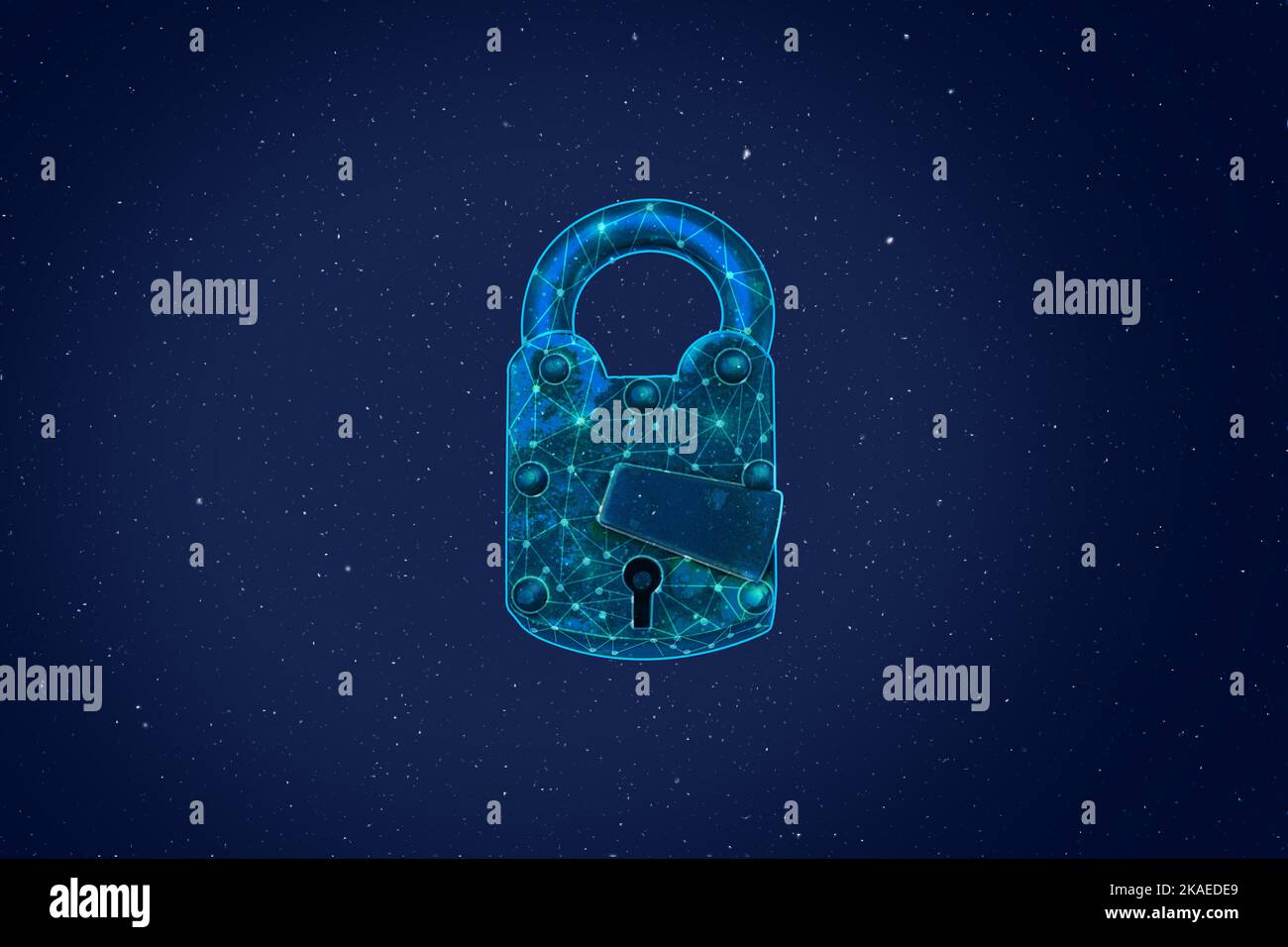 Old padlock with digital illustrated lines on blue background for ...