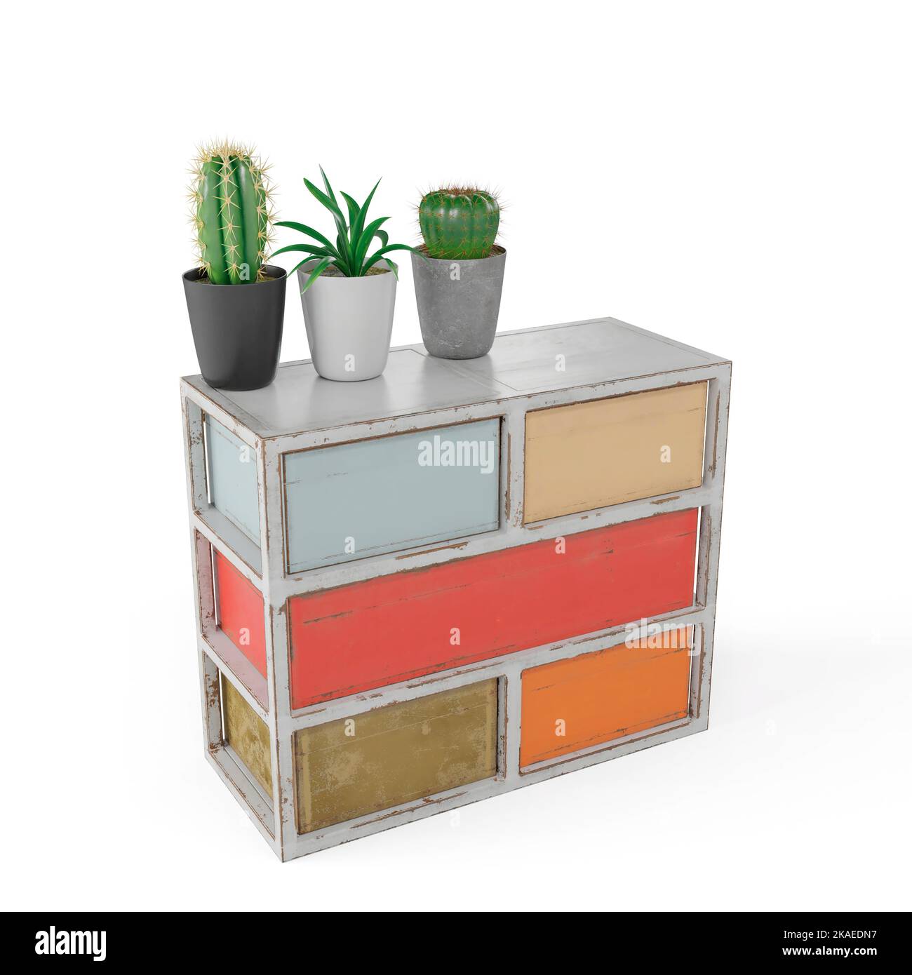 A photorealistic 3D rendering of colorful drawers with cacti in pots decorating them on a white background Stock Photo