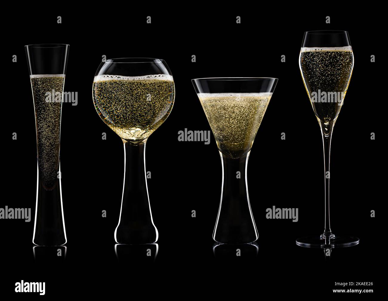 Set of wine and yellow champagne crystal luxury glasses on black