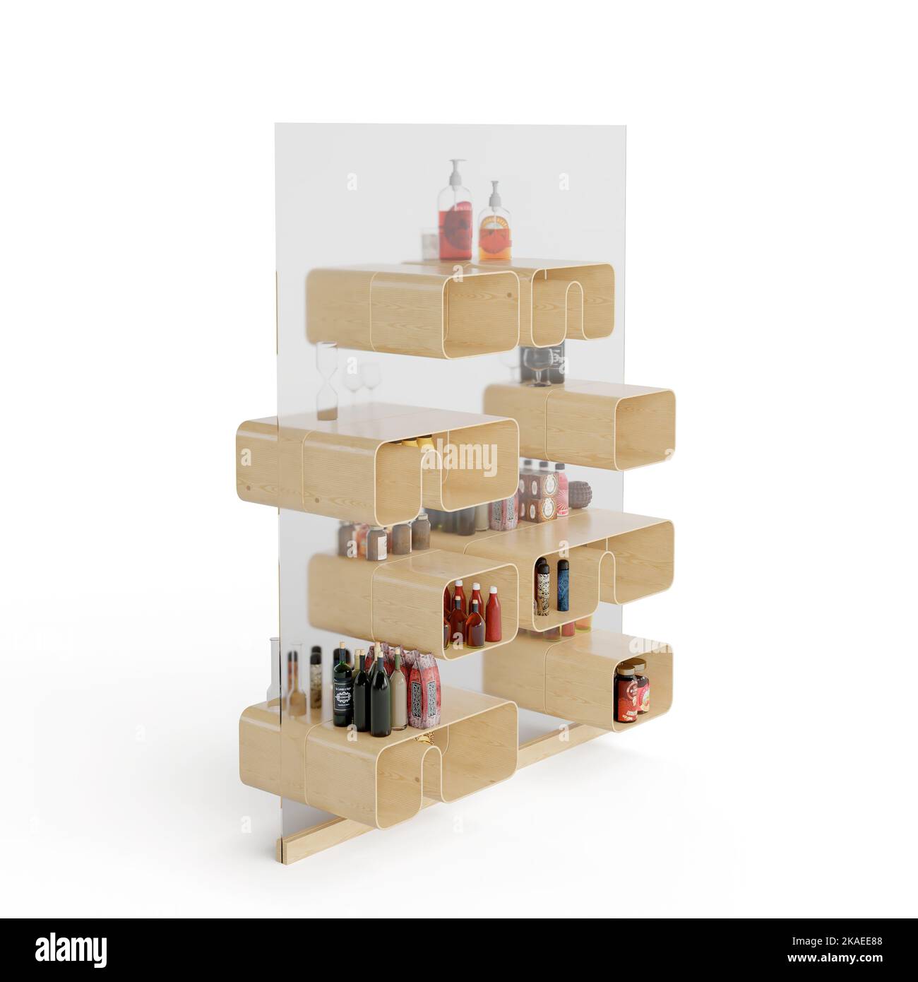 A 3D rendering of a rack with shelves and drawers for the bathroom on a ...