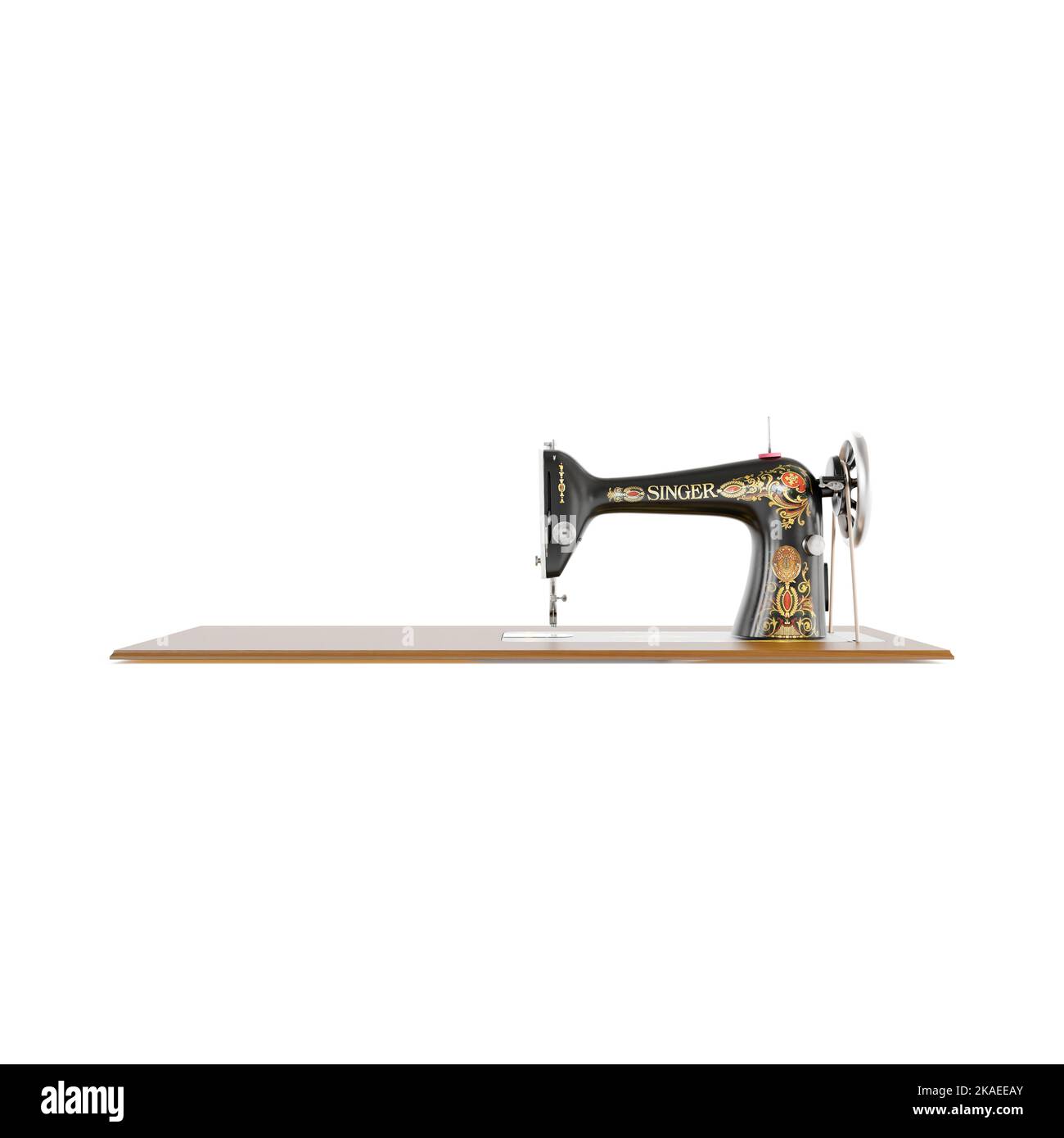 A 3D rendering of a vintage sewing machine on a white background Stock ...