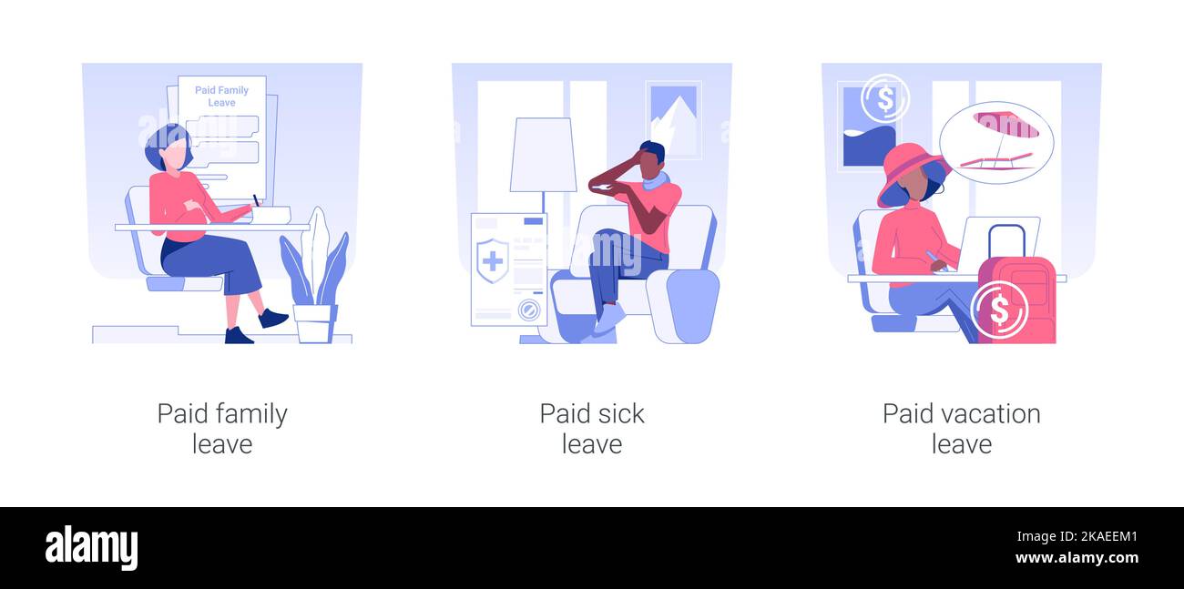Employee benefits isolated concept vector illustration set. Paid family leave, sick leave