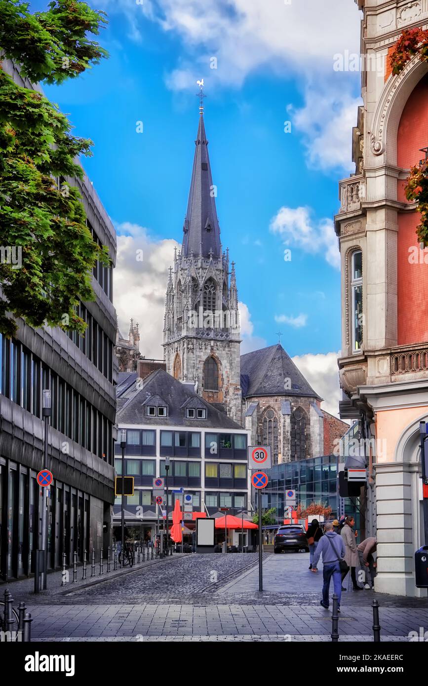 View to the cathedral. The Aachen Cathedral (German: Aachener Dom) is a Roman Catholic church in Aachen, Germany Stock Photo
