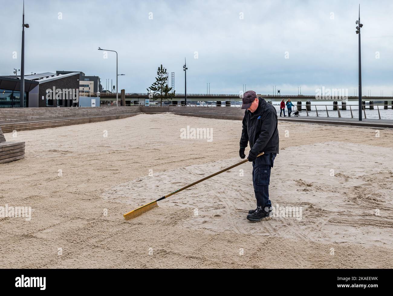 Maintenance workman raking sand on urban beach, Dundee Waterfront or Esplanade by River Tay, Scotland, UK Stock Photo