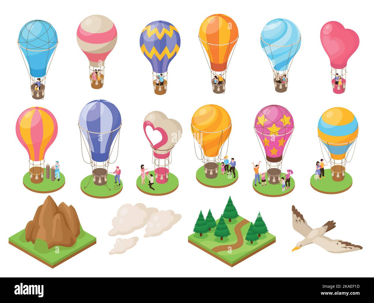 Isometric hot air balloon travel icons set isolated vector illustration Stock Vector