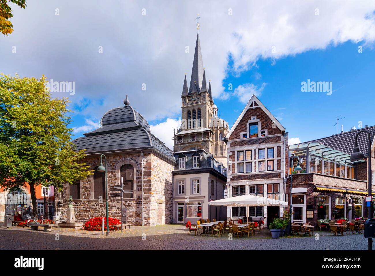View to the cathedral. The Aachen Cathedral (German: Aachener Dom) is a Roman Catholic church in Aachen, Germany Stock Photo