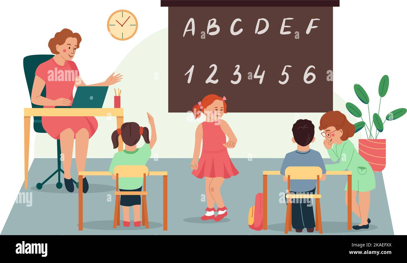 Children safety flat background with  teacher working with preschoolers in kindergarten vector illustration Stock Vector