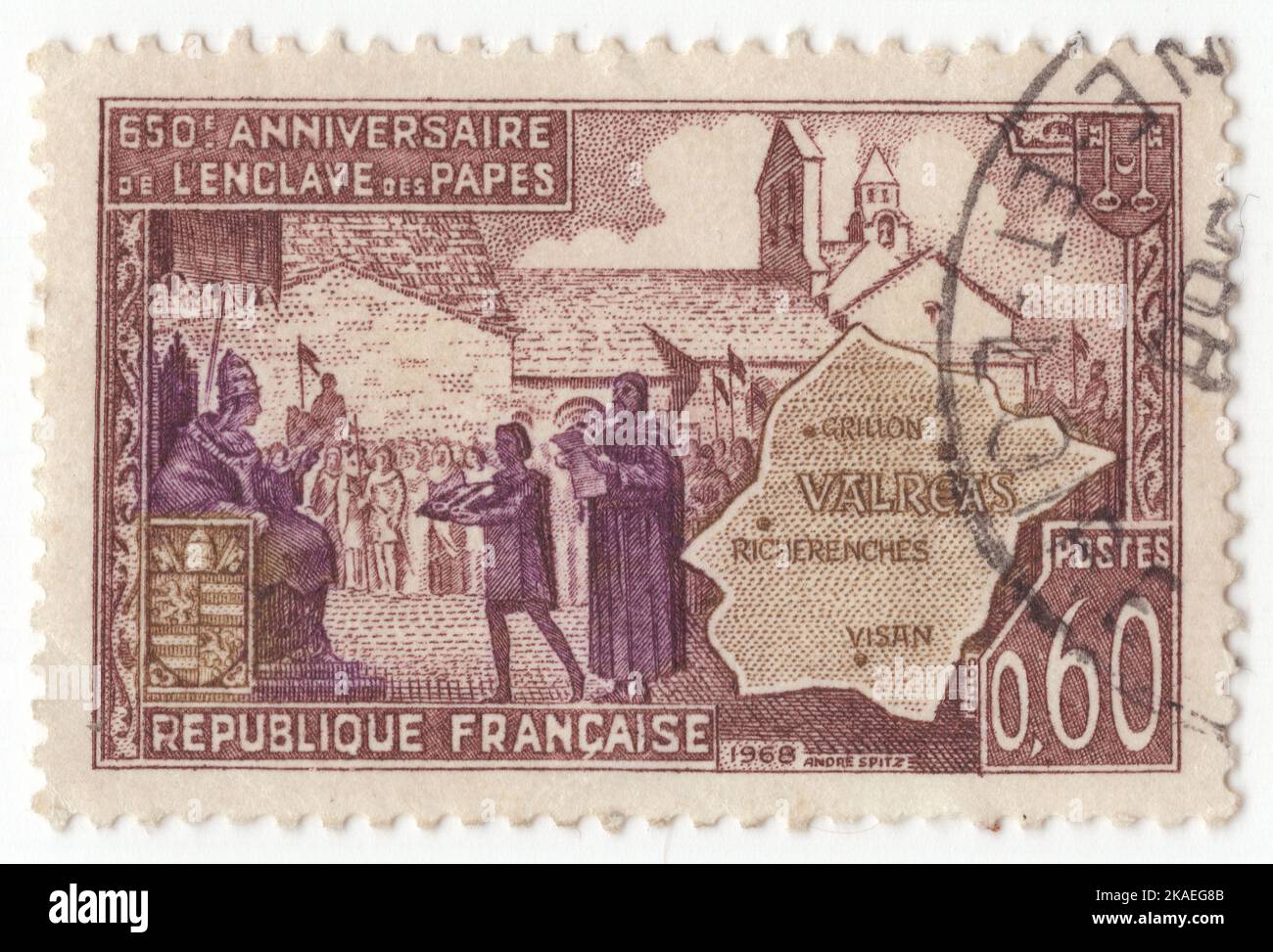 FRANCE - 1968 May 25: An 60 centimes brown, bister-brown and purple postage stamp depicting Map of Papal Enclave, Valreas, and John XXII Receiving Homage. Papal enclave at Valreas, 650th anniversary. The area around the town of Valreas is known as L'Enclave des Papes. It is an enclave of Vaucluse, surrounded by the department of the Drome. The foundation of the Enclave began in 1317 when Pope John XXII bought Valreas for the papacy of Avignon. The story goes that following a visit to Valreas, feeling unwell he was offered some wine from the area Stock Photo