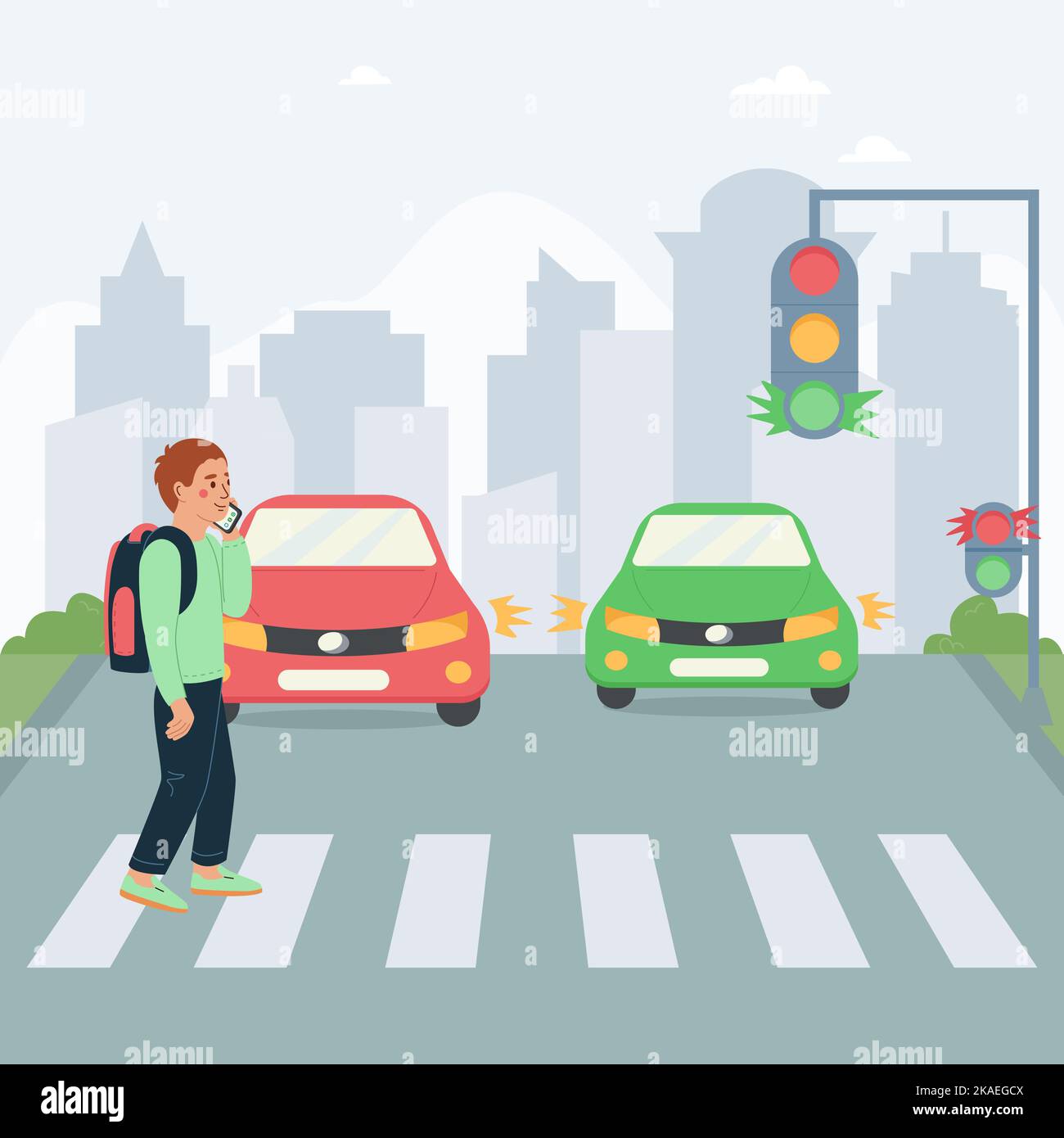 Children safety flat poster with schoolboy crossing street at red traffic light and talking on phone vector illustration Stock Vector