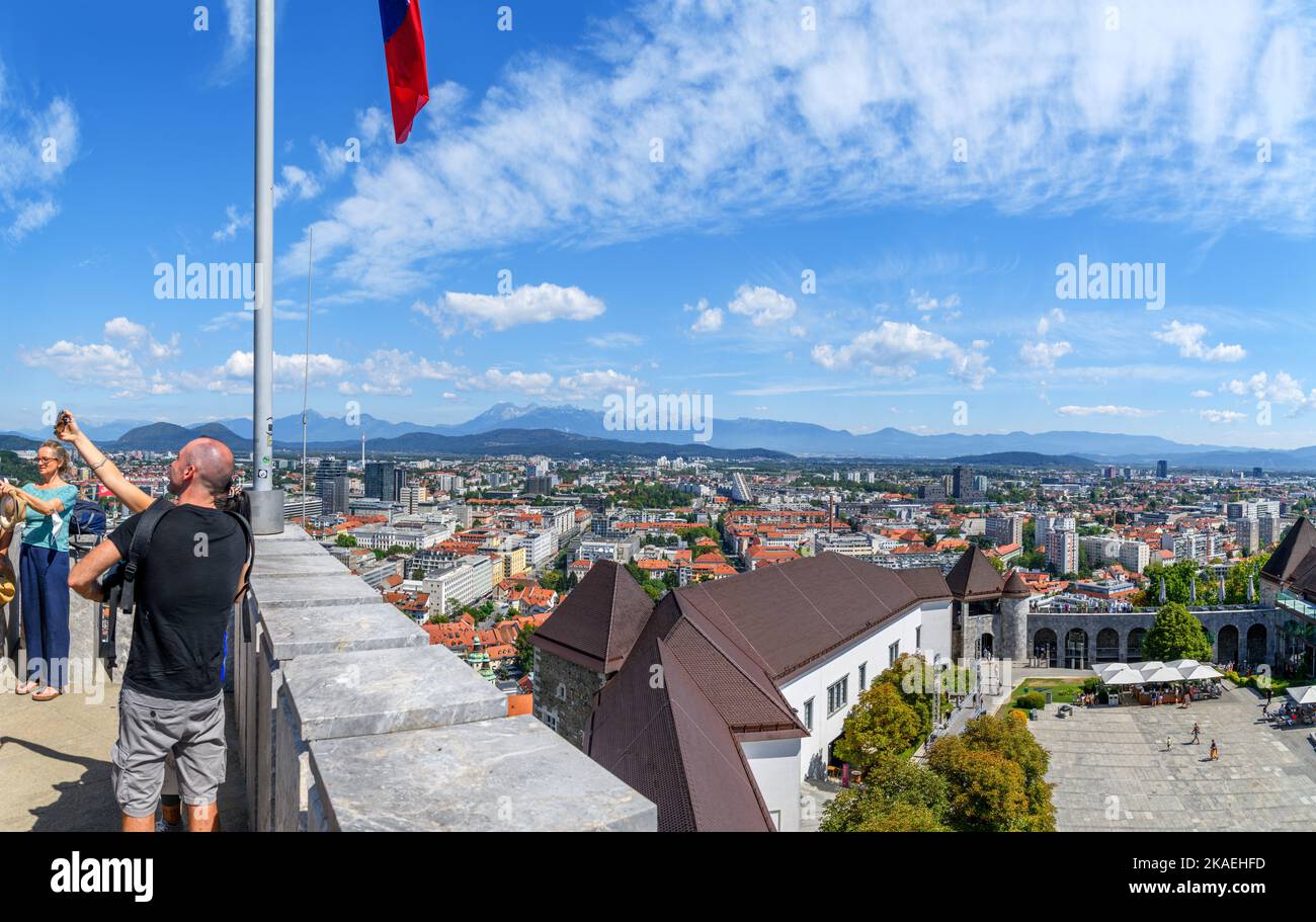 View over the old town from the Watchtower of Lubljana Castle, Ljubljana, Slovenia Stock Photo