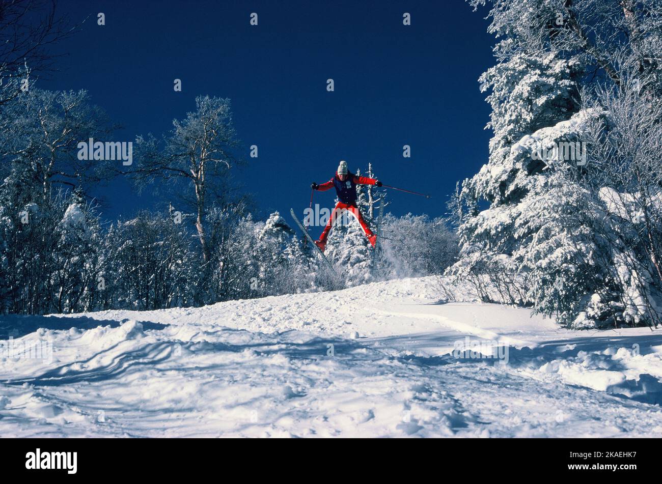 United States. Tree skiing man leaping mid-air. Stock Photo