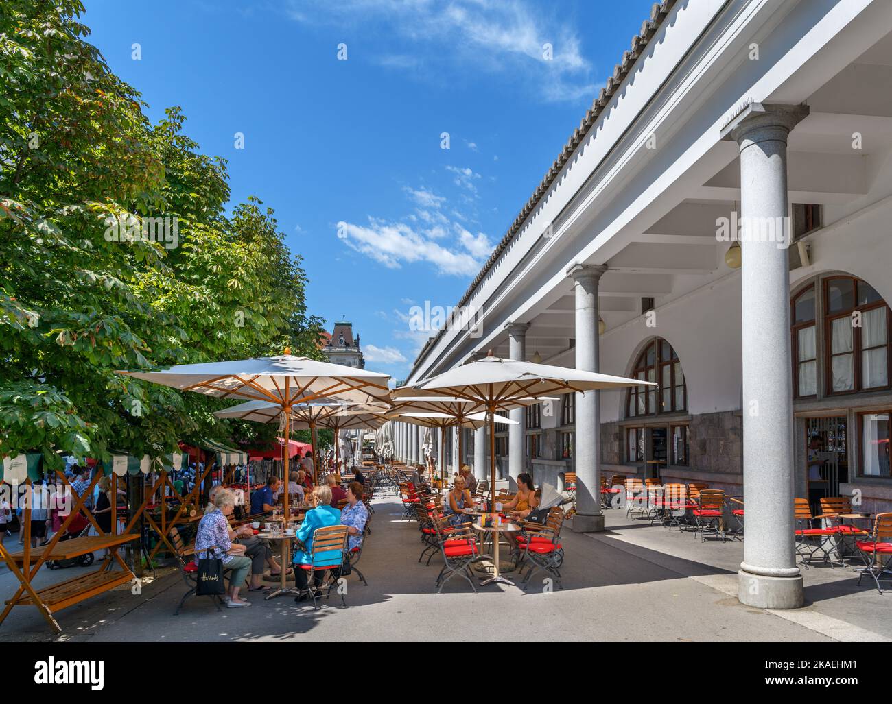 Bars and cafes in the Plečnik covered market, old town, Ljubljana, Slovenia Stock Photo
