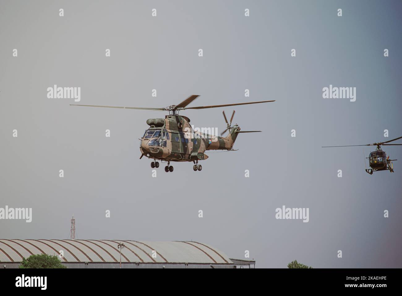 An air show in Pretoria, South Africa with French combat helicopters in