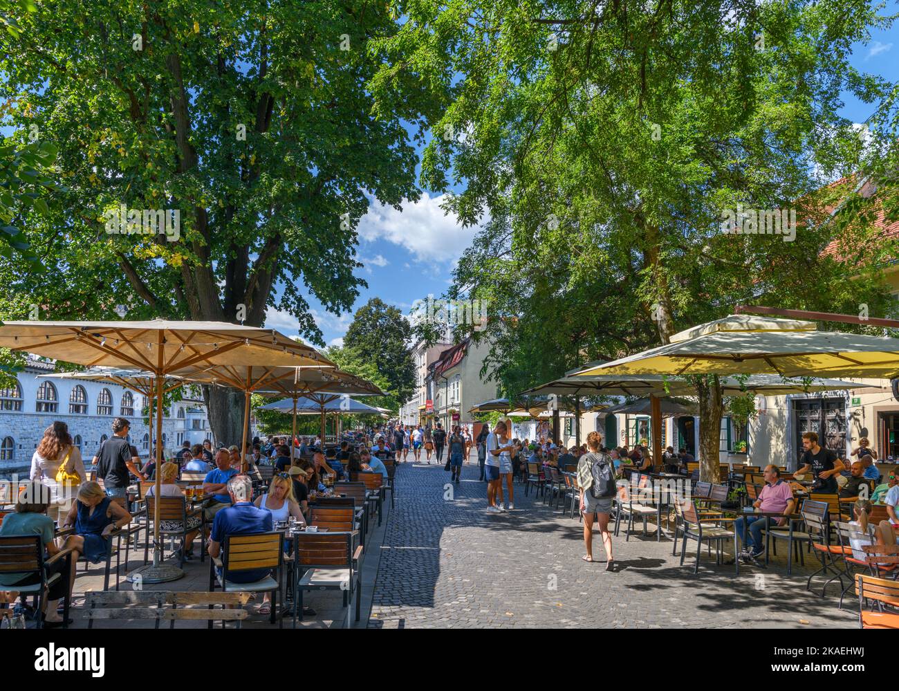 Bars and cafes on Petkovškovo nabrežje, old town, Ljubljana, Slovenia Stock Photo