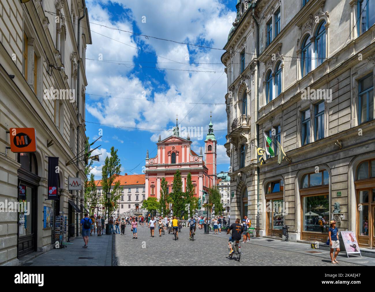 View down Stritarjeva ulica towards the Triple Bridge and the Franciscan Church of the Annunciation in Preseren Square (Presernov Trg), Ljubljana, Slo Stock Photo