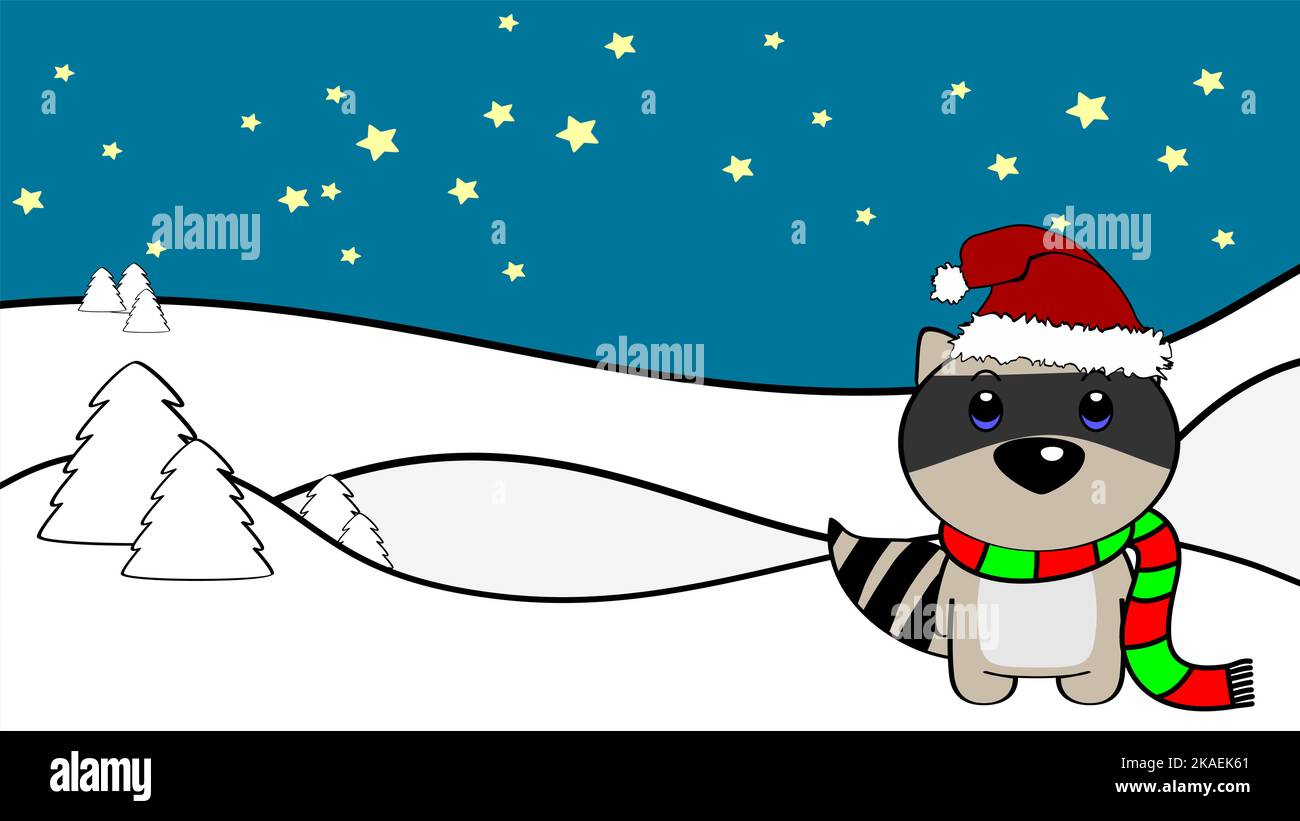 xmas background chibi standing baby raccoon cartoon illustration postal