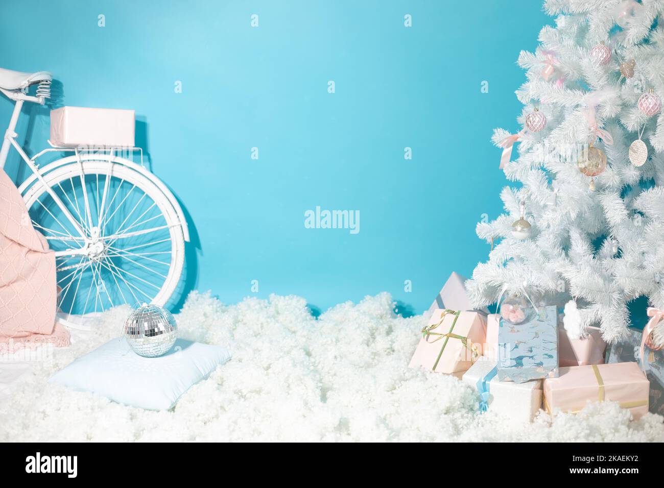 Christmas shooting location with white christmas tree decorated with