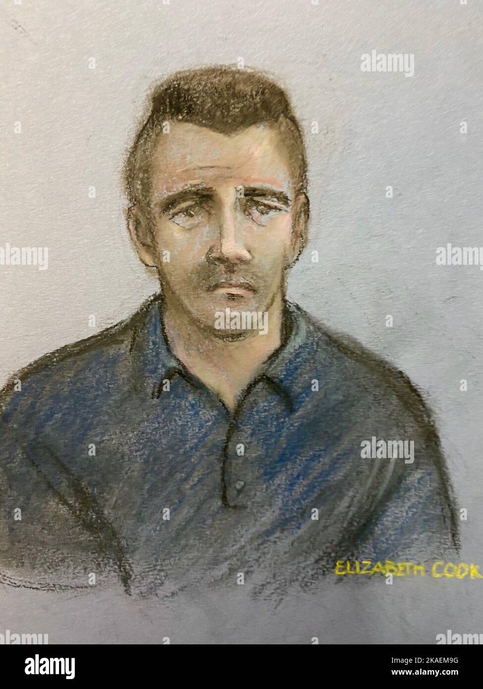 Court artist drawing by Elizabeth Cook of Ross McCullum, 30, of Windsor Close in Coalville, Leicestershire, during his trial at Leicester Crown Court, where he is accused of the murder of 23-year-old Megan Newborough. Mr McCullum has admitted the manslaughter of Ms Newborough but denies murdering her in the living room of his parents' house in Leicestershire. Her body was discovered in undergrowth in Charley Road, near Woodhouse Eaves, Leicestershire in the early hours of Sunday August 8 last year. Picture date: Wednesday November 2, 2022. Stock Photo