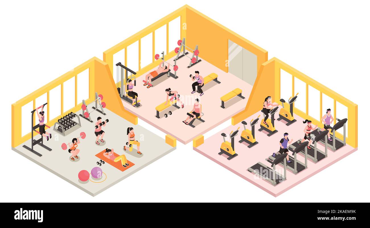 Isometric gym and fitness club concept with people training inside vector illustration Stock Vector