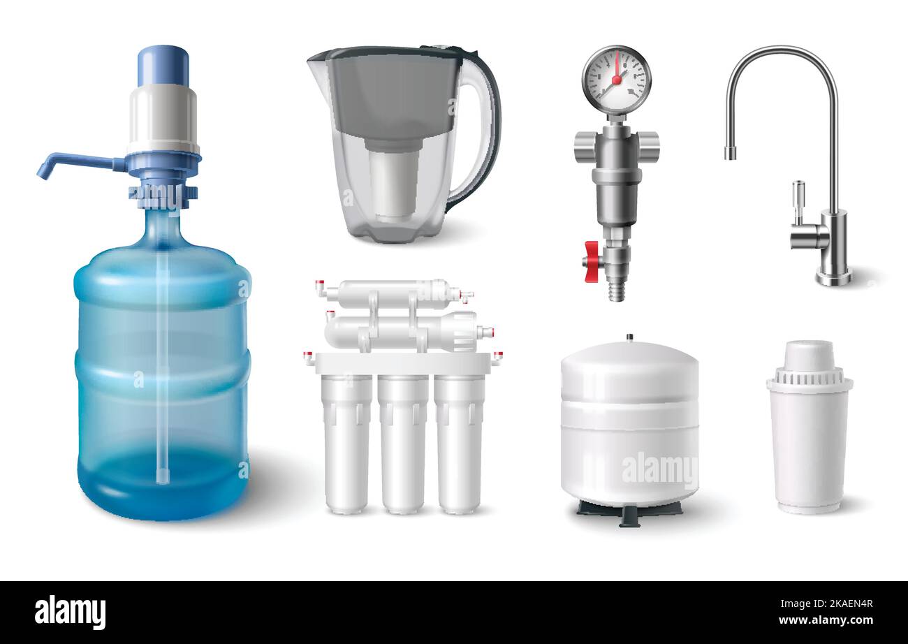Water filter realistic set with pitcher and faucet isolated vector