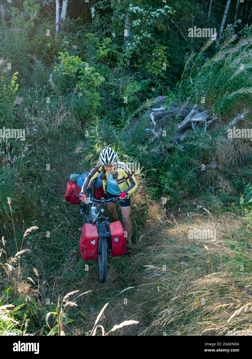 WA22675-00...WASHINGTON - Pushing her bike through a very narrow and very brushy section of trail partially blocked by cement barriers along the board Stock Photo