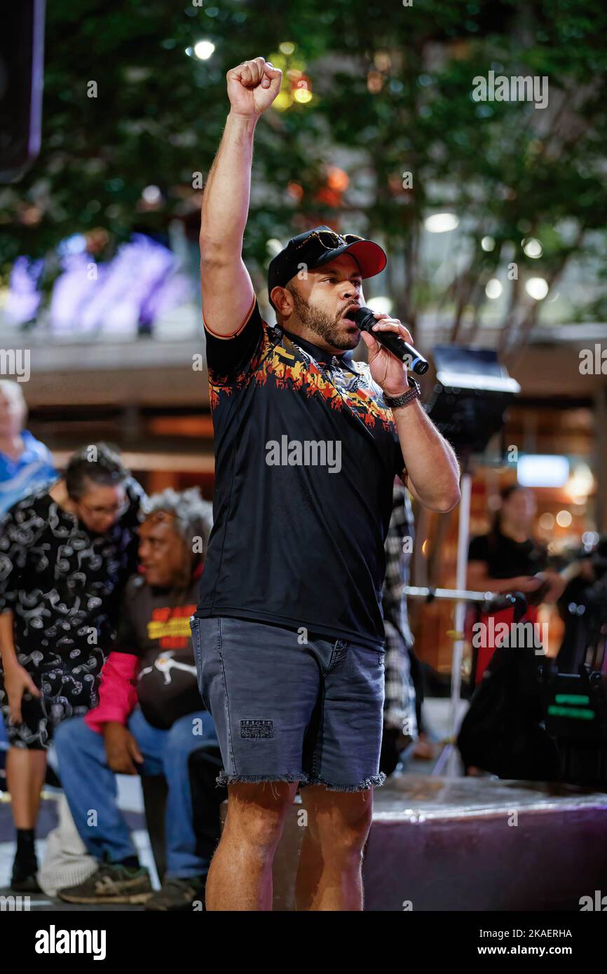 Brisbane, Australia. 02nd Nov, 2022. A protester speaks to the crowd