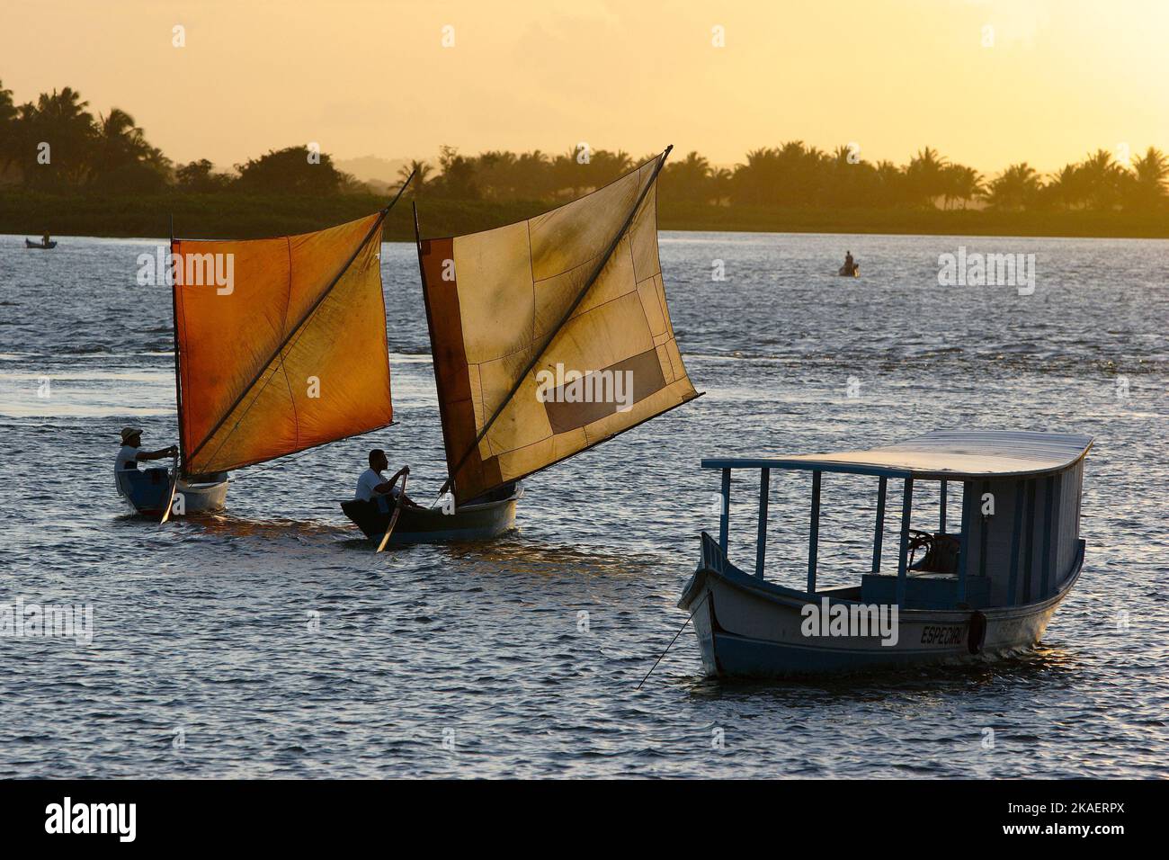 Sailing boats in Sao Francisco river at Piaçabuçu city, Alagoas State, Brazil. Stock Photo