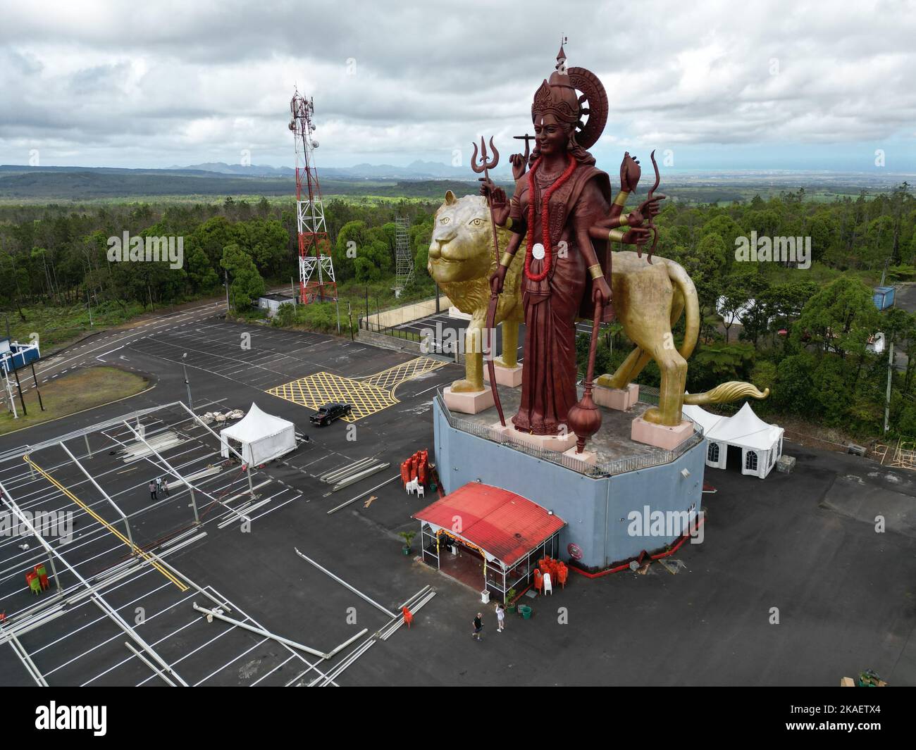 An aerial of the giant Durga Mata Statue around the Ganga Talao lake in