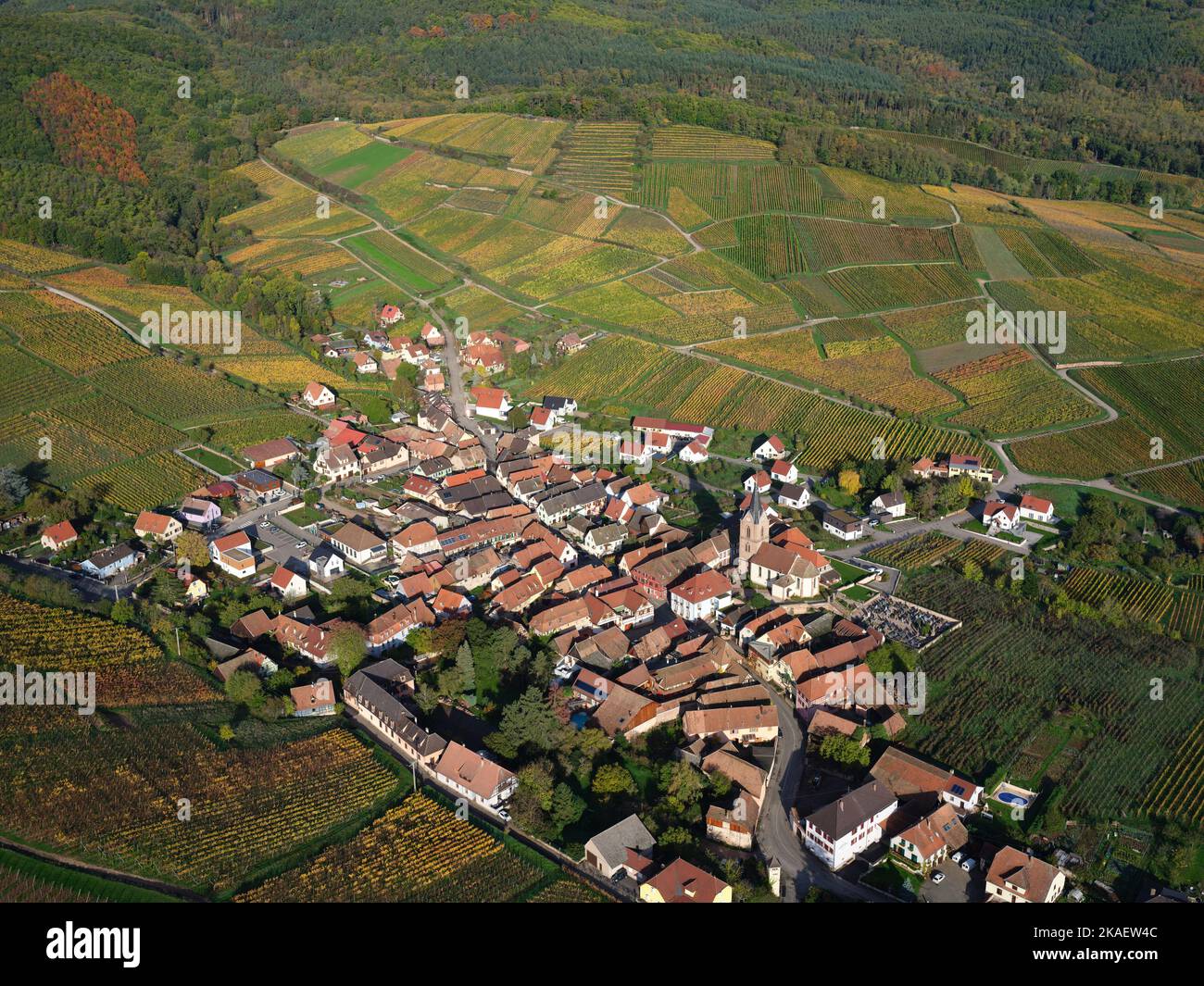 AERIAL VIEW. Picturesque village at the foothills of the Vosges Mountains with the vineyards in autumnal colors. Rodern, Alsace, Grand Est, France. Stock Photo