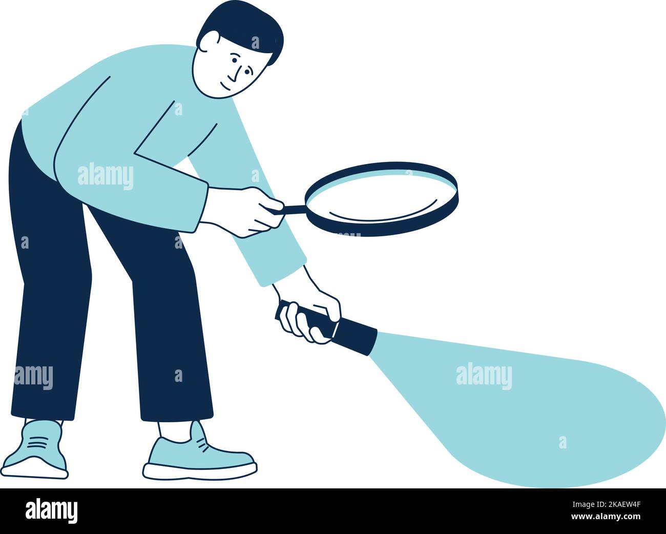 Man looking with flashlight and magnifying glass. Investigation icon Stock Vector
