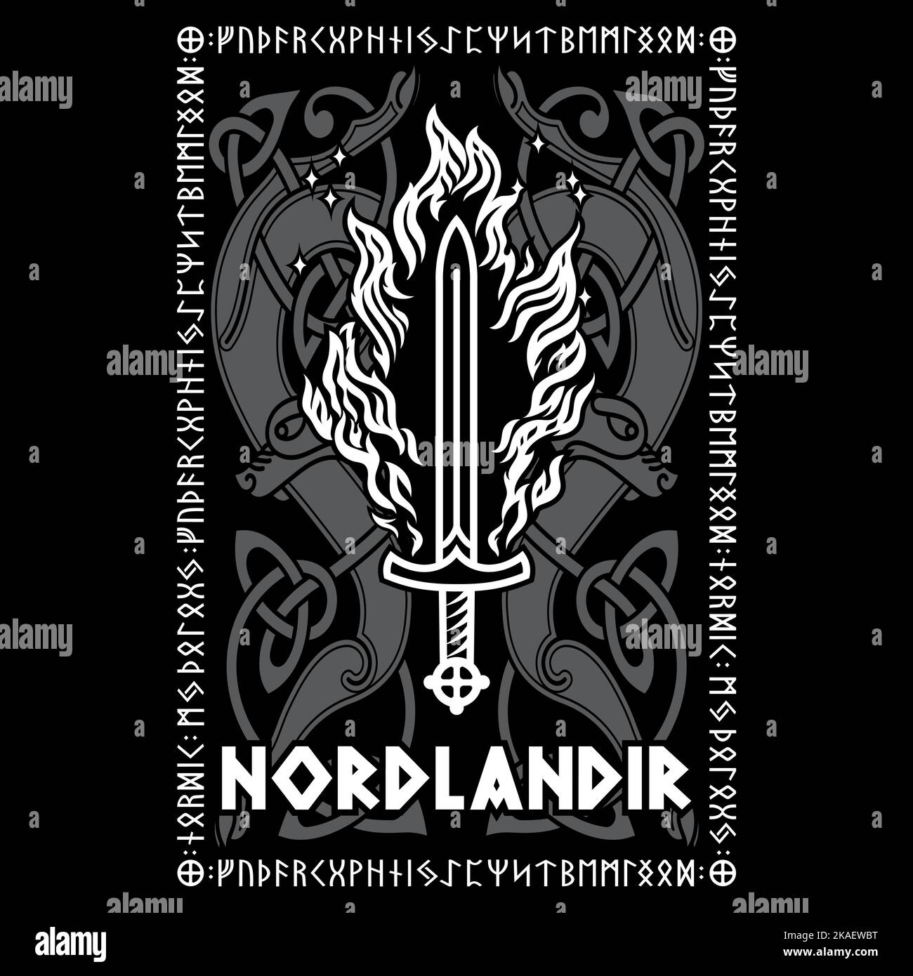 Viking, Scandinavian design. Viking flaming sword, Old Norse pattern