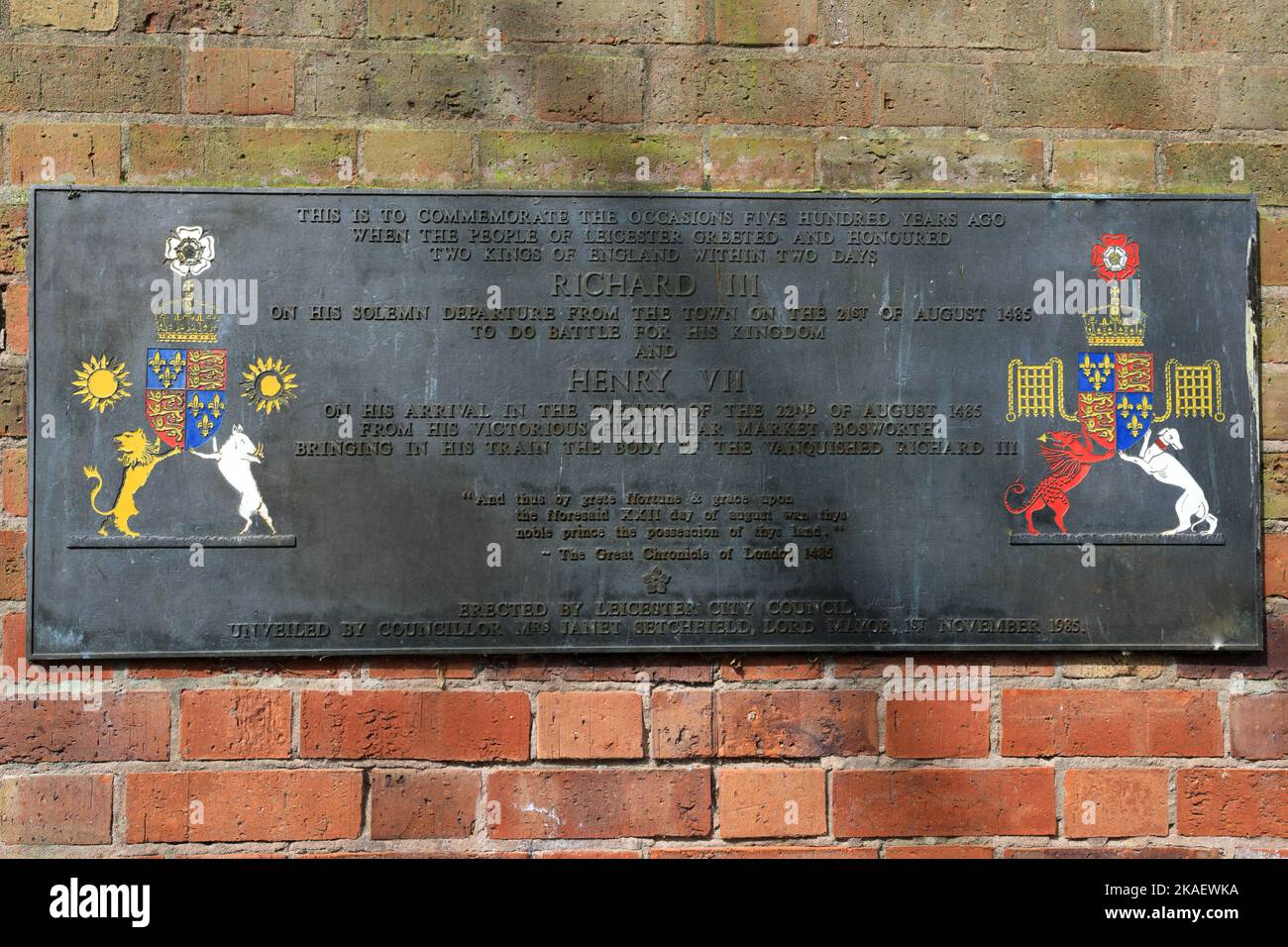 King Richard III and Henry VII Plaque, Leicester City, Leicestershire, England; Britain; UK Stock Photo