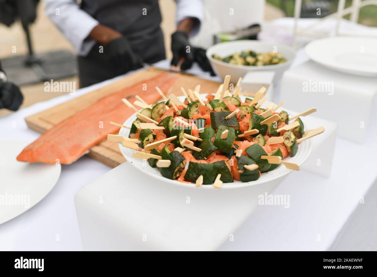 The smoked salmon skewers with zucchini Wedding catering Stock Photo
