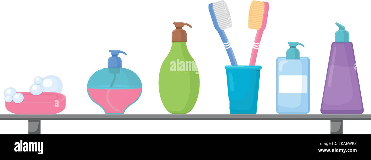 Bathroom shelf with plastic soap containers and toothbrushes Stock