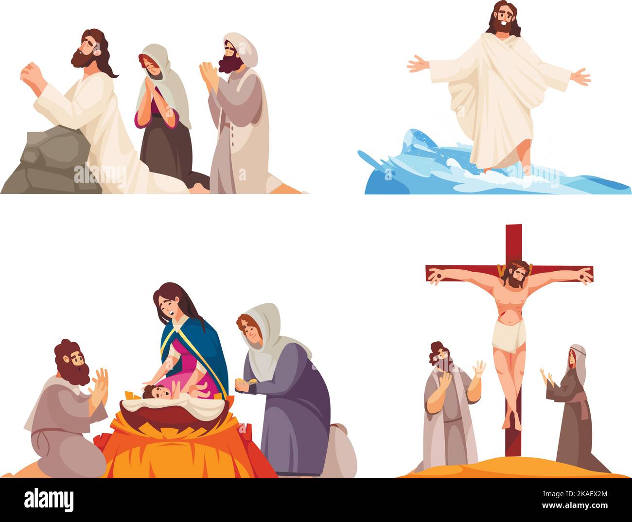 Bible Scenes Cartoon Set With Jesus And Virgin Mary Isolated Vector ...