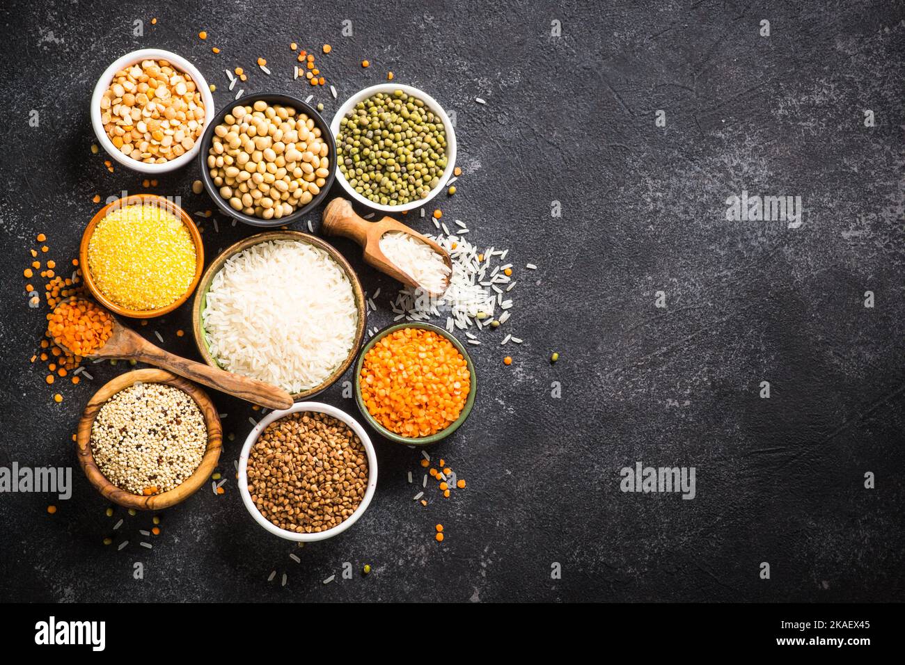 Gluten free food, cereals. Rice, buckwheat, corn, lentils, soy beans