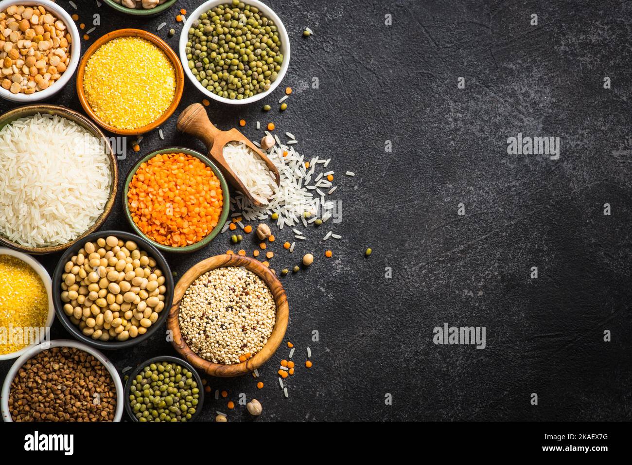 Gluten free food, cereals. Rice, buckwheat, corn, lentils, soy beans