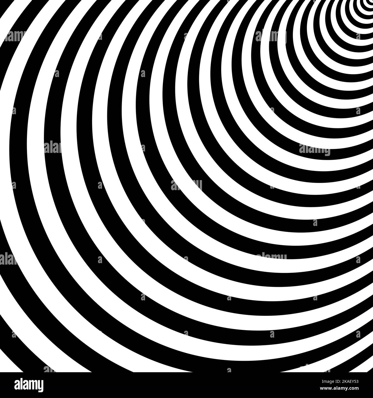 Abstract twisted black and white background. Optical illusion of distorted surface. Twisted rounded stripes. Stock Photo