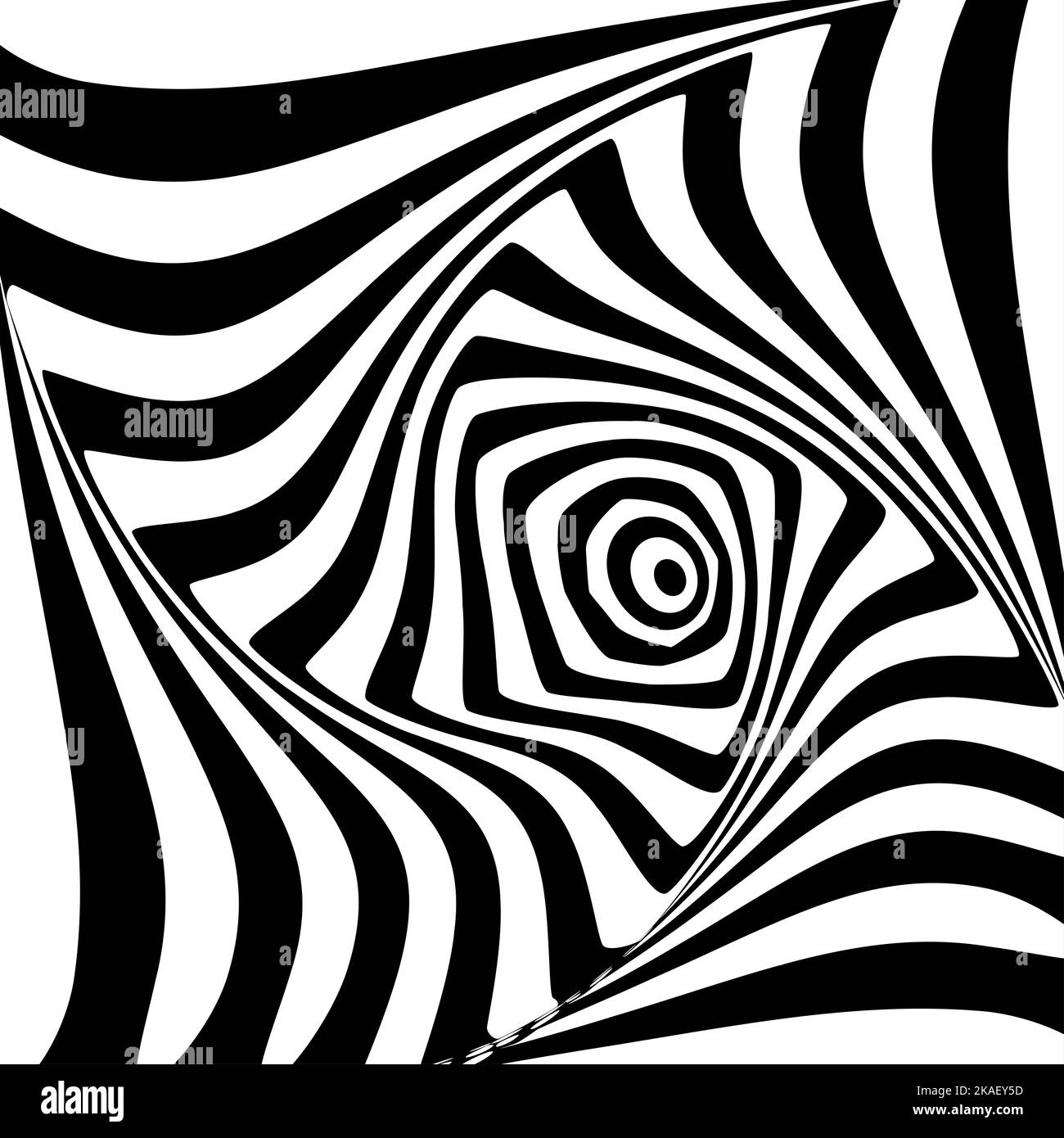 Abstract twisted black and white background. Optical illusion of distorted surface. Twisted stripes. Stylized 3d tunnel. Stock Photo