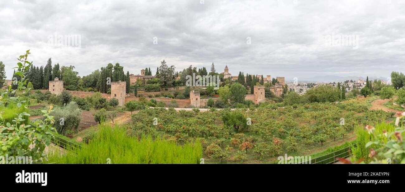 Alhambra Granada Spain - 09 14 2021: Panoramic view at the Alhambra citadel, alcazaba, Charles V and nasrid Palaces and fortress complex, view from Ge Stock Photo