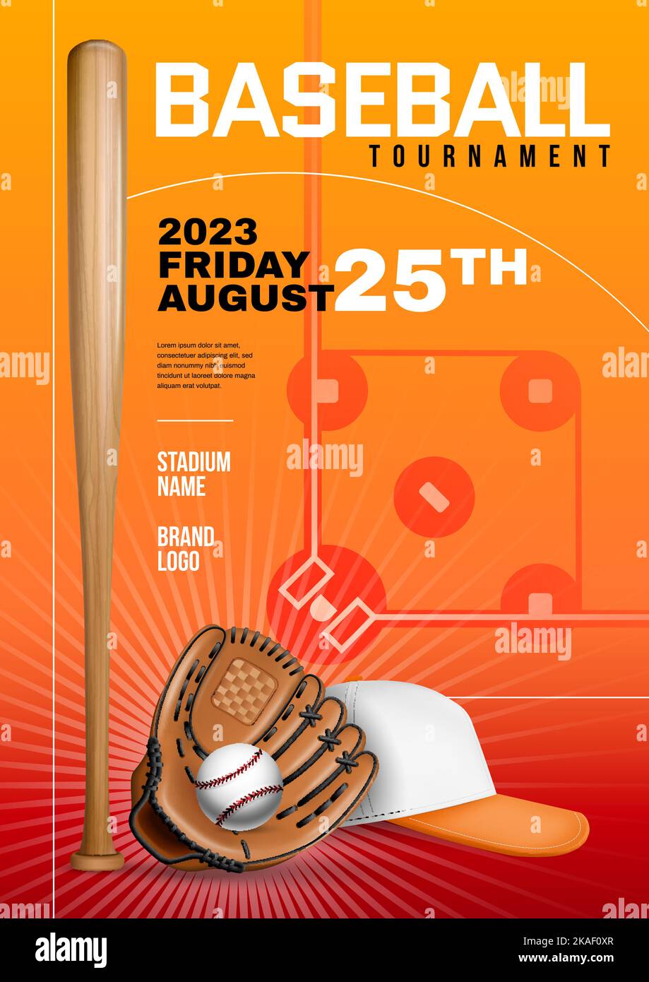 Baseball tournament flyer poster design with bat glove and ball on