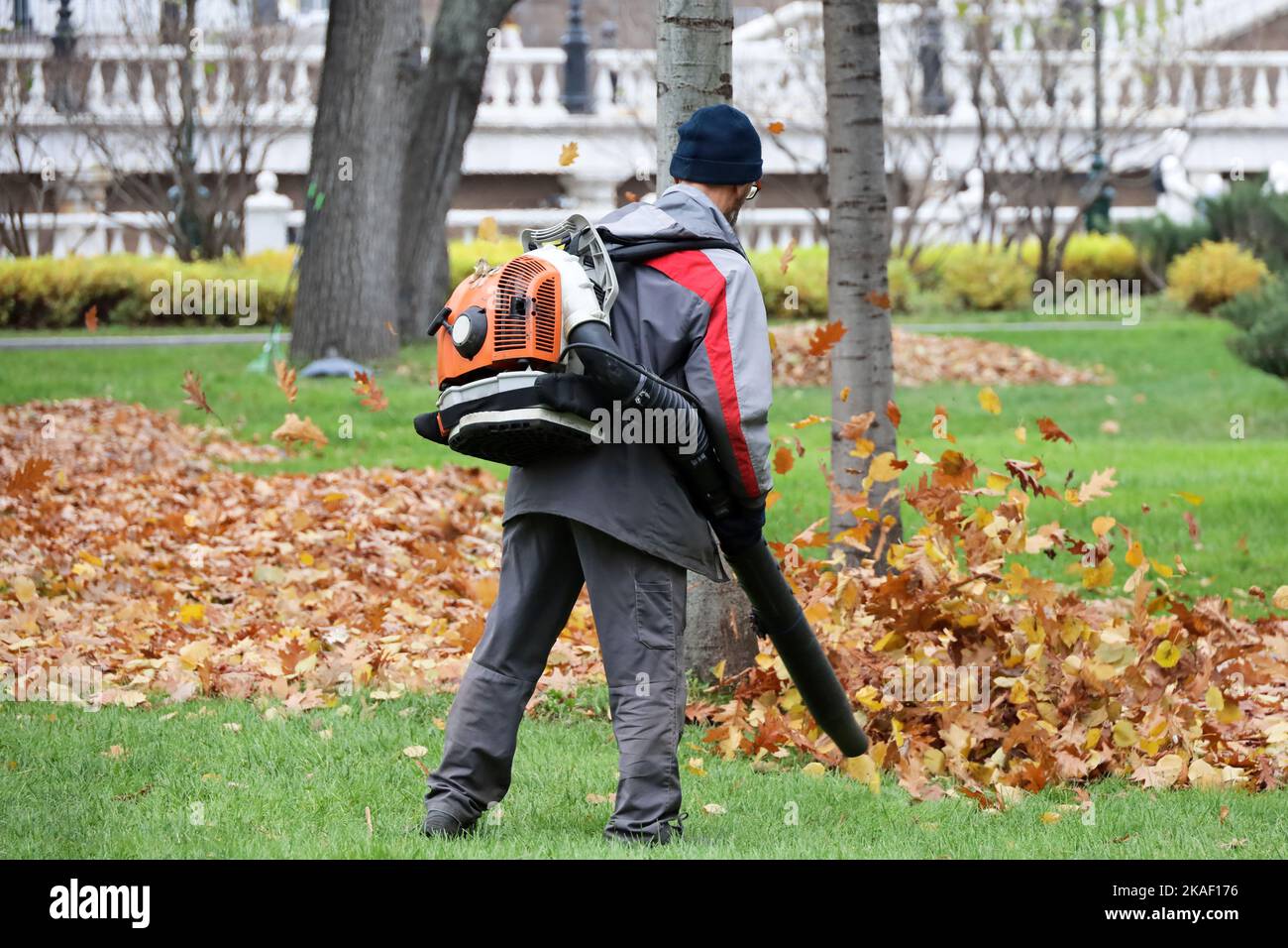 Man worker clean the city street with leaf blower. Falling leaves removal in autumn park Stock Photo