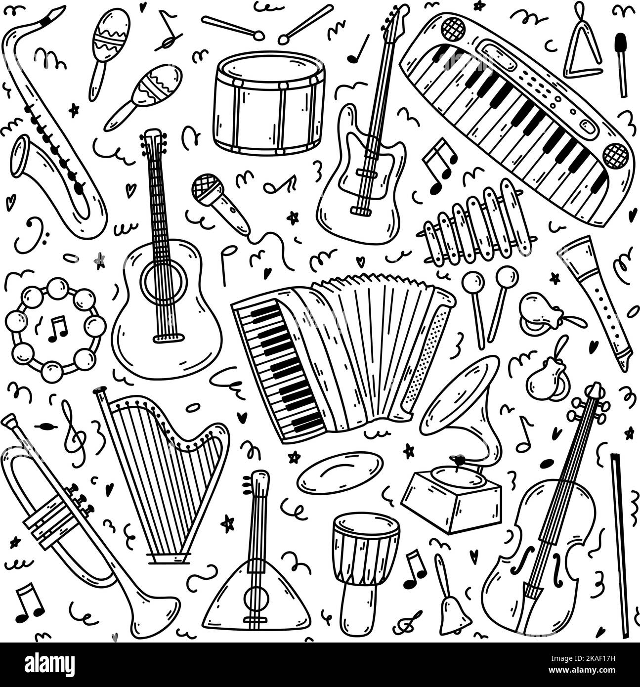 Hand drawn doodle musical instruments. Vector sketch illustration set, black outline art collection for web design, icon, print, coloring page. Stock Vector