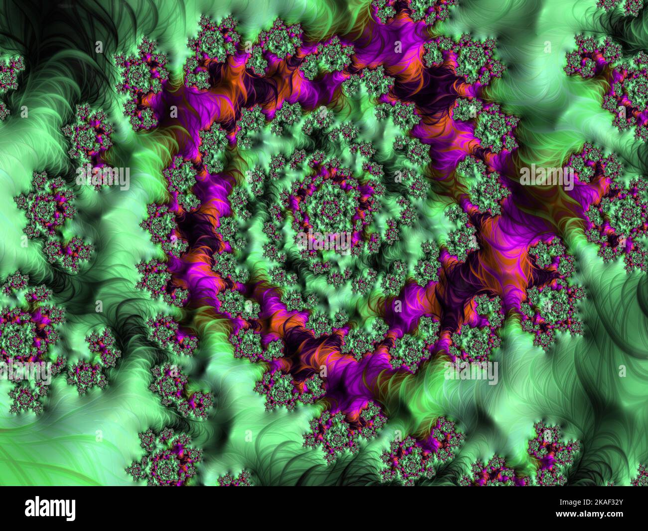 The view of purple and green shaded particles create a spiral floral ...