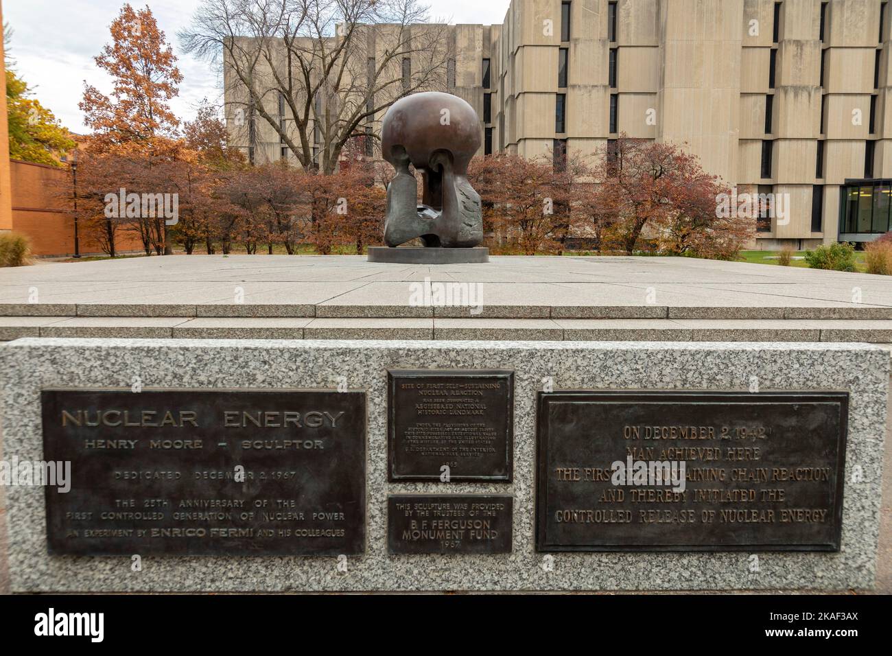 Chicago, Illinois - 'Nuclear Energy,' a sculpture by Henry Moore, on the site of the first controlled nuclear chain reaction, which opened the door to Stock Photo